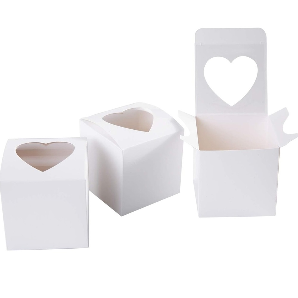 New! 50pc 3x3x3” Mini White Favor Boxes with Heart Shaped Acetate Windows - Picture 9 of 10